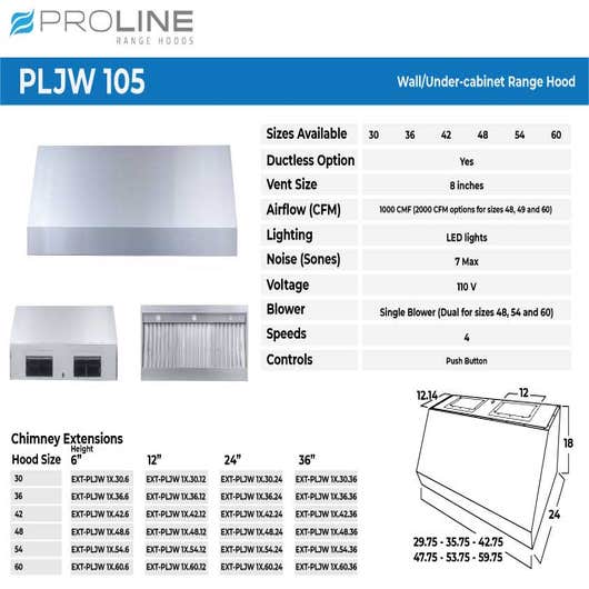 Proline PLJW 105 Under-cabinet or wall mount range hood size 42 1000 CFM single motor