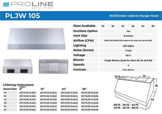 Proline PLJW 105 Under-cabinet or wall mount range hood size 42 1000 CFM single motor